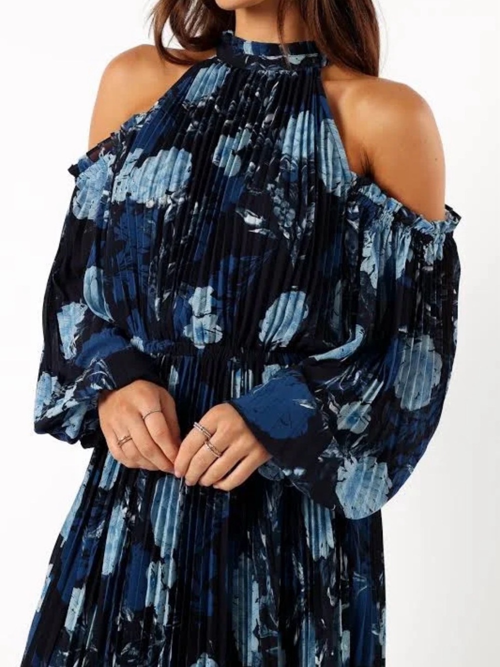 Nordstroms. Petal and Pup. Cold-Shoulder Blue Floral Pleated Maxi Dress